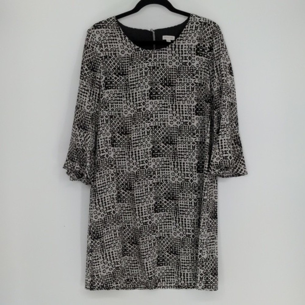 Garnet Hill Bell Sleeve Silk Shift Dress Women’s 10 Black White Geometric Office